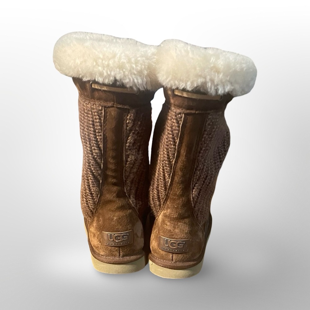UGG Australia Knit Tall Boots‎ Brown Suede Leather Shearling Winter Warm